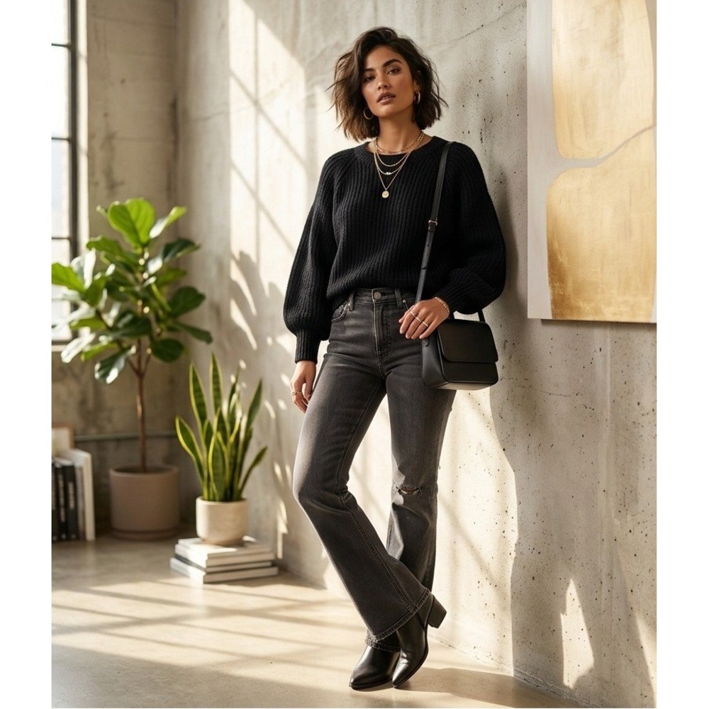 Umgee Textured Knit Sweater Womens Small Black Raglan Sleeve Pullover 2476